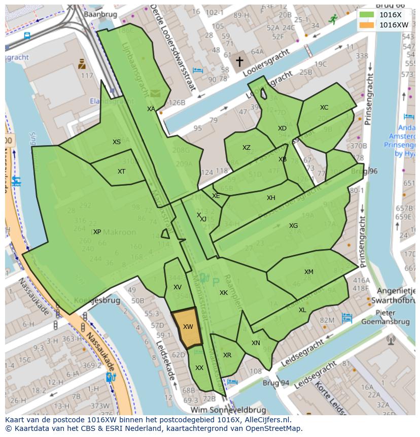 Afbeelding van het postcodegebied 1016 XW op de kaart.