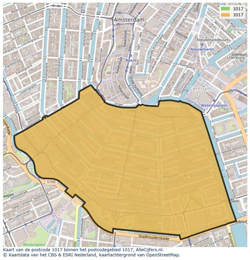 Afbeelding van het postcodegebied 1017 op de kaart.