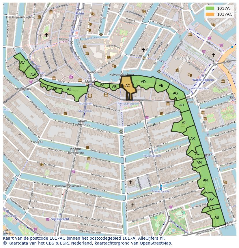 Afbeelding van het postcodegebied 1017 AC op de kaart.