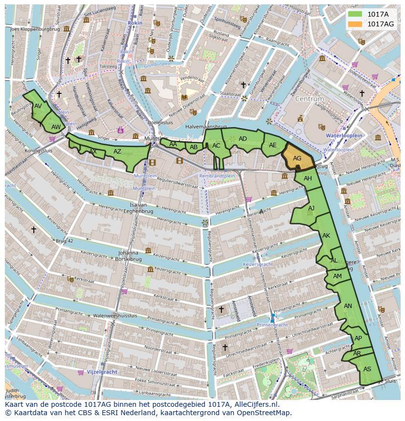 Afbeelding van het postcodegebied 1017 AG op de kaart.