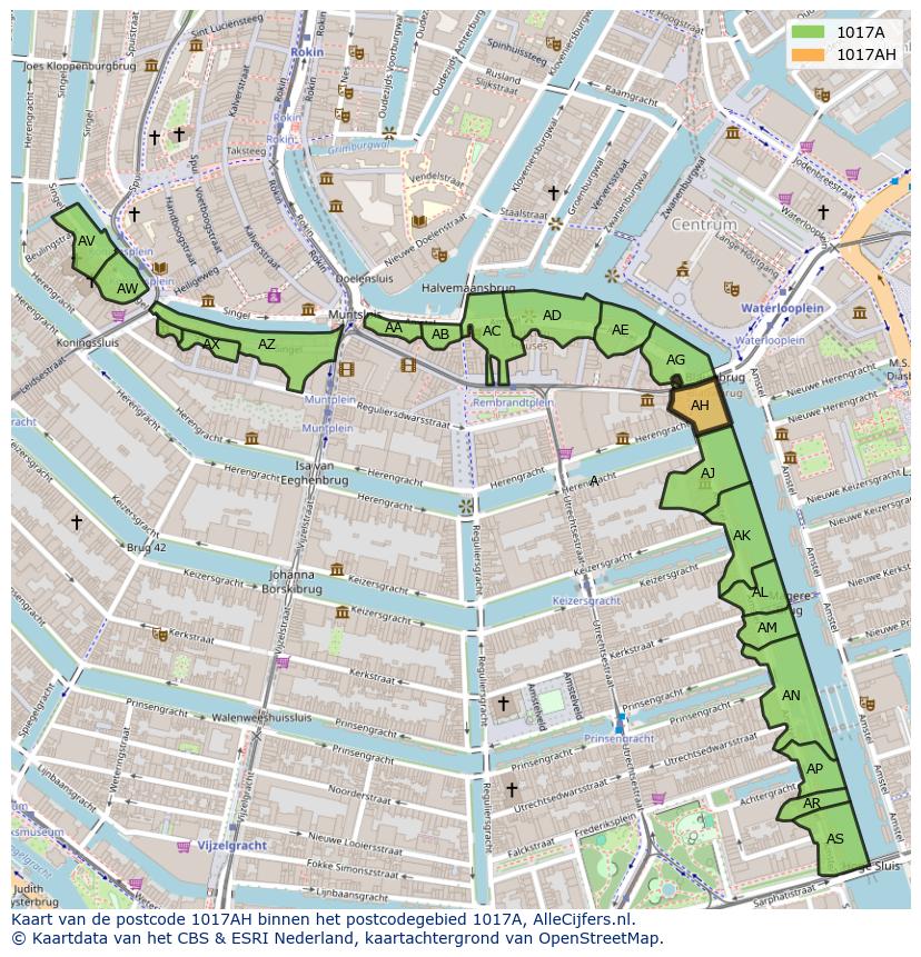Afbeelding van het postcodegebied 1017 AH op de kaart.