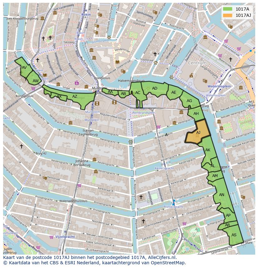 Afbeelding van het postcodegebied 1017 AJ op de kaart.