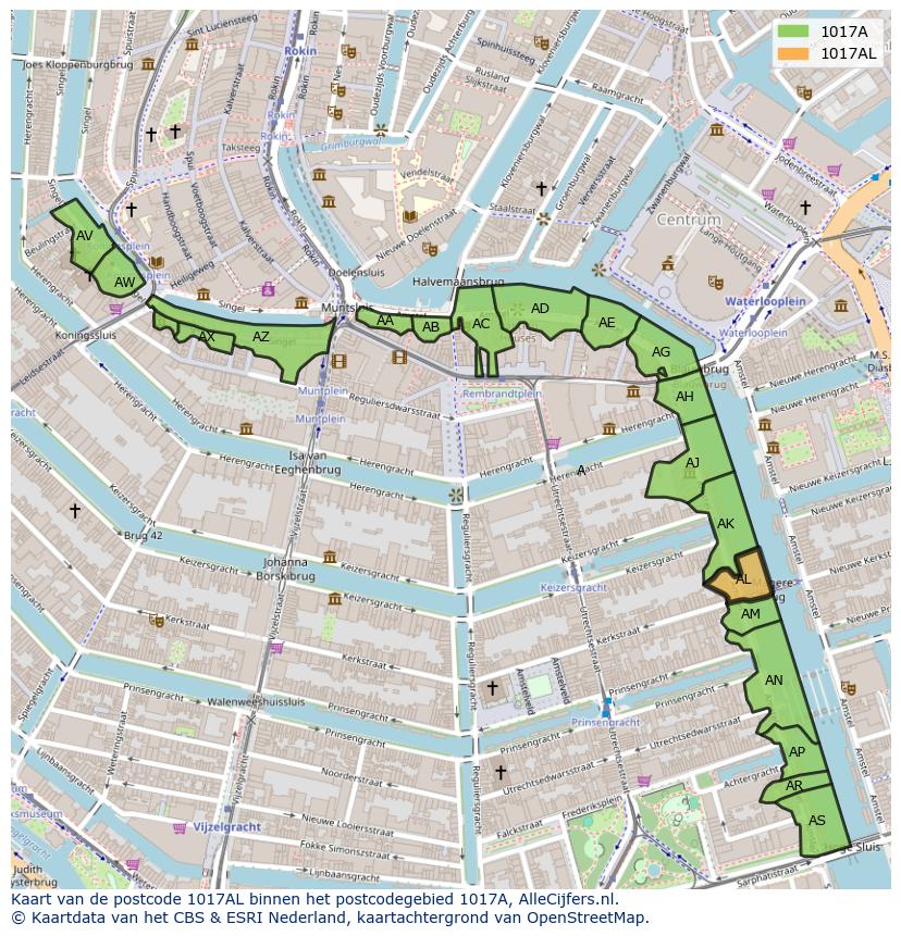 Afbeelding van het postcodegebied 1017 AL op de kaart.