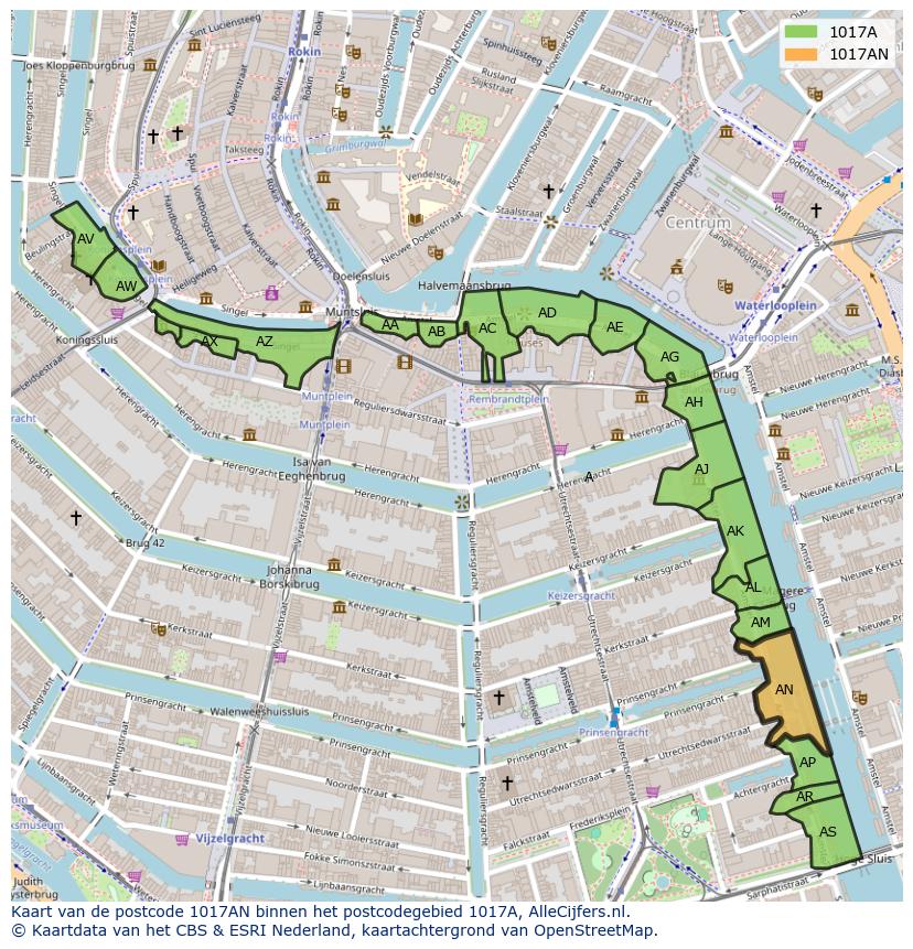 Afbeelding van het postcodegebied 1017 AN op de kaart.