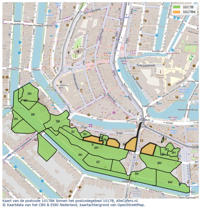 Afbeelding van het postcodegebied 1017 BK op de kaart.