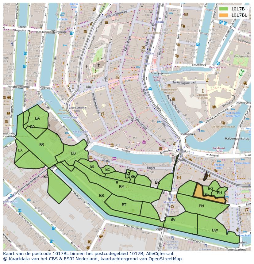 Afbeelding van het postcodegebied 1017 BL op de kaart.