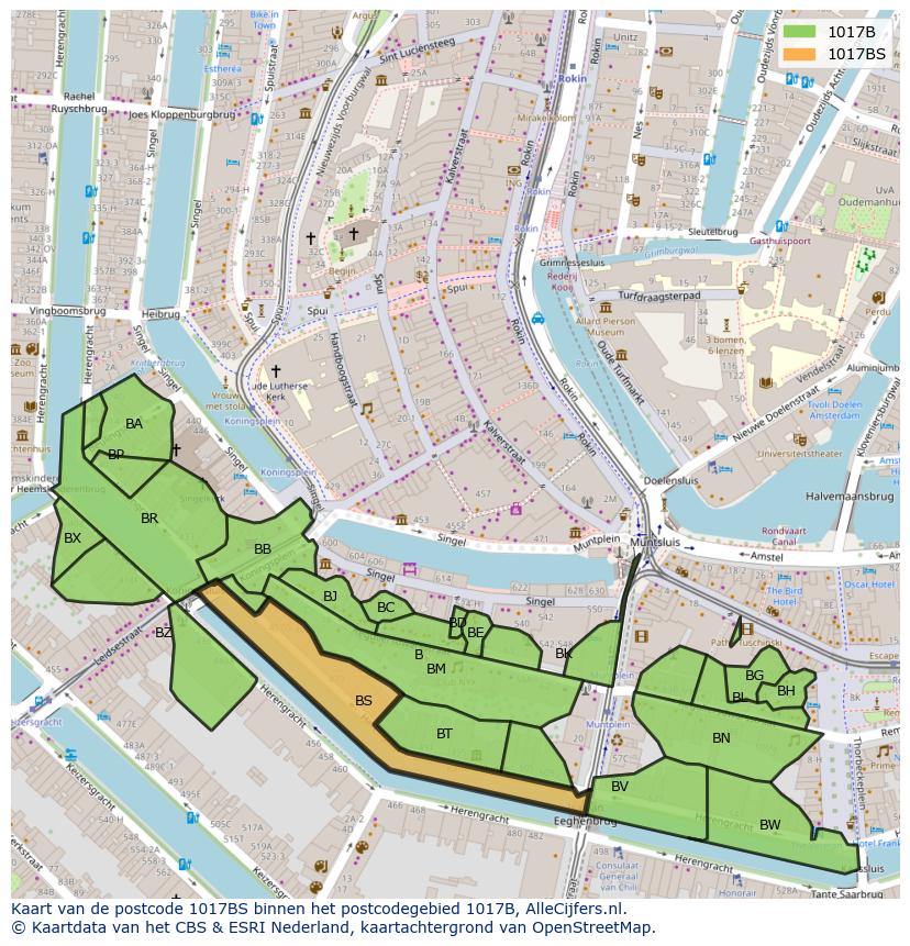 Afbeelding van het postcodegebied 1017 BS op de kaart.