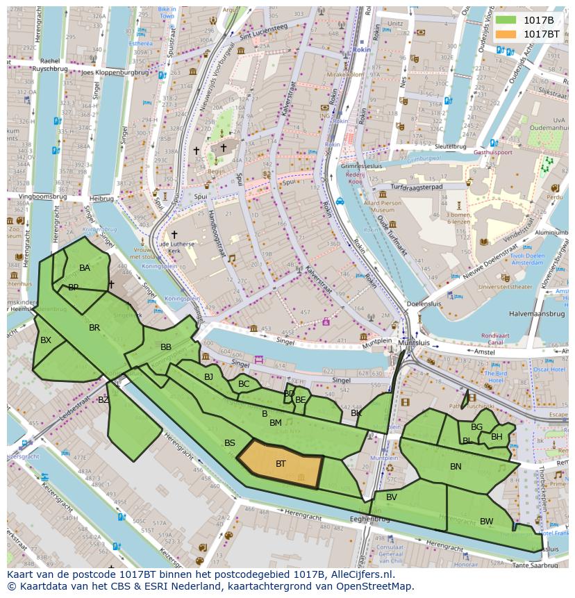 Afbeelding van het postcodegebied 1017 BT op de kaart.