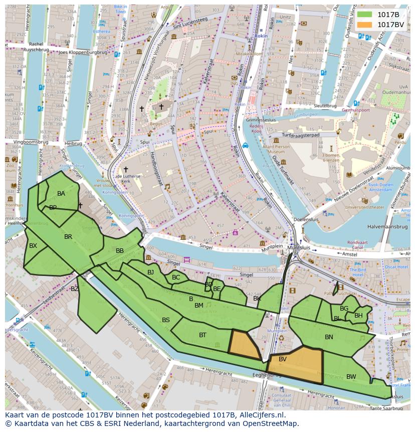 Afbeelding van het postcodegebied 1017 BV op de kaart.