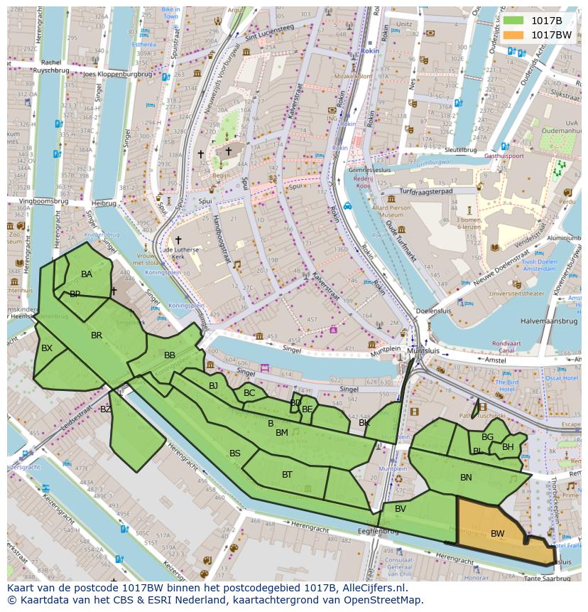 Afbeelding van het postcodegebied 1017 BW op de kaart.