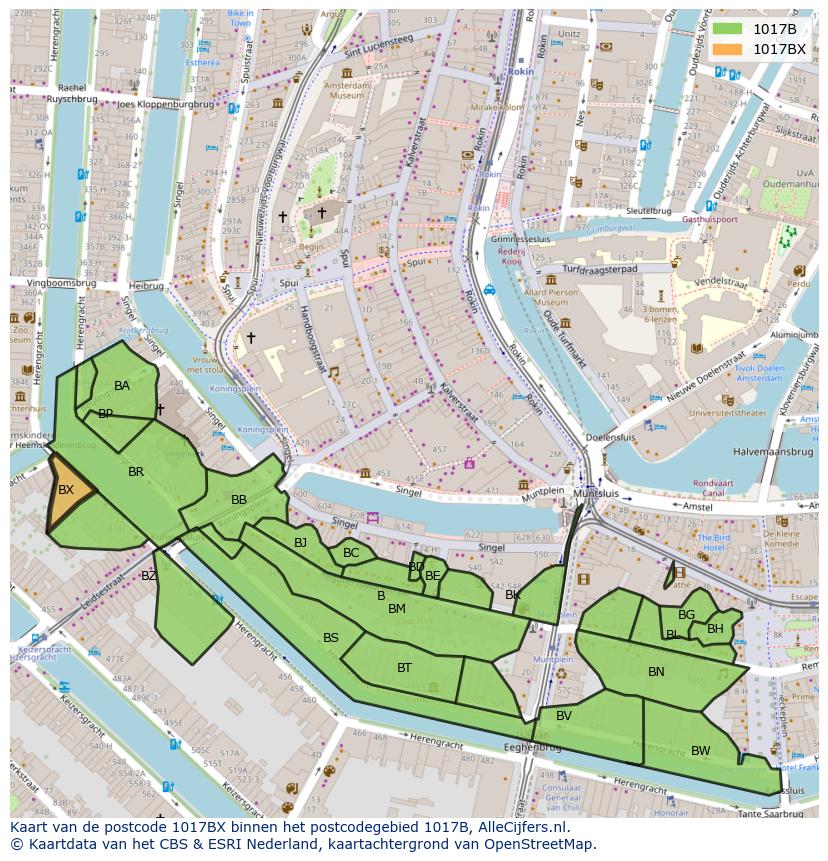 Afbeelding van het postcodegebied 1017 BX op de kaart.