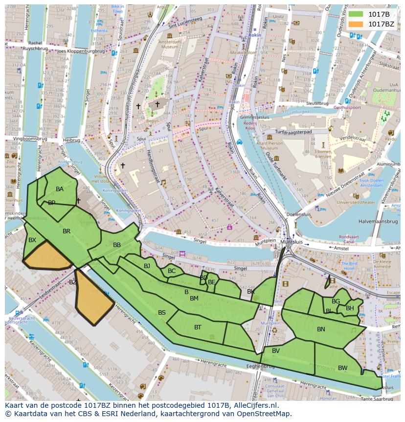 Afbeelding van het postcodegebied 1017 BZ op de kaart.