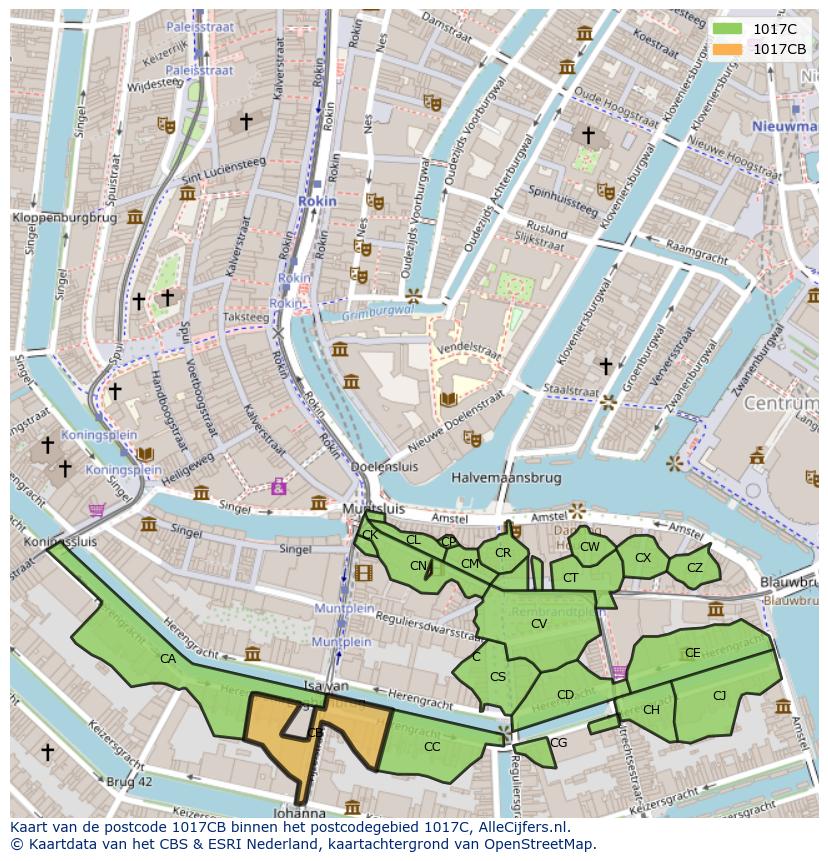 Afbeelding van het postcodegebied 1017 CB op de kaart.