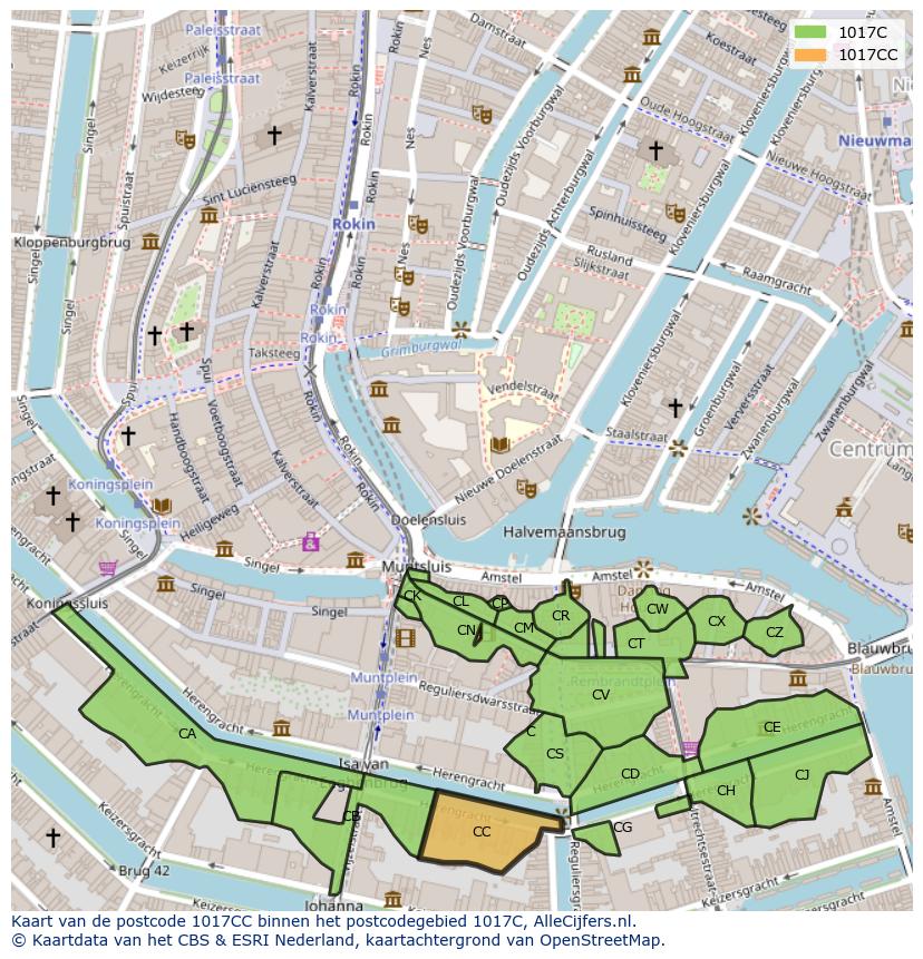 Afbeelding van het postcodegebied 1017 CC op de kaart.