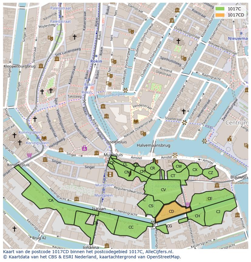Afbeelding van het postcodegebied 1017 CD op de kaart.