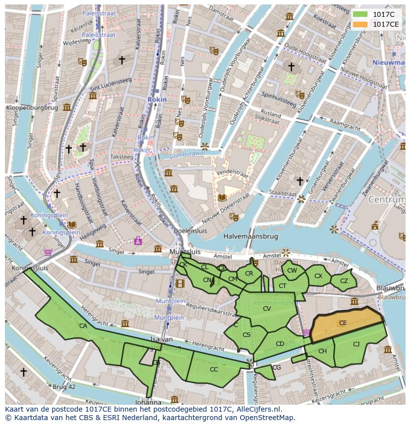 Afbeelding van het postcodegebied 1017 CE op de kaart.