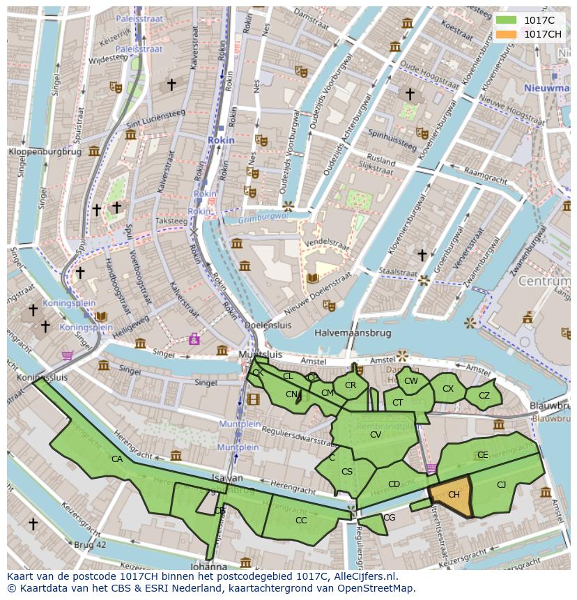 Afbeelding van het postcodegebied 1017 CH op de kaart.