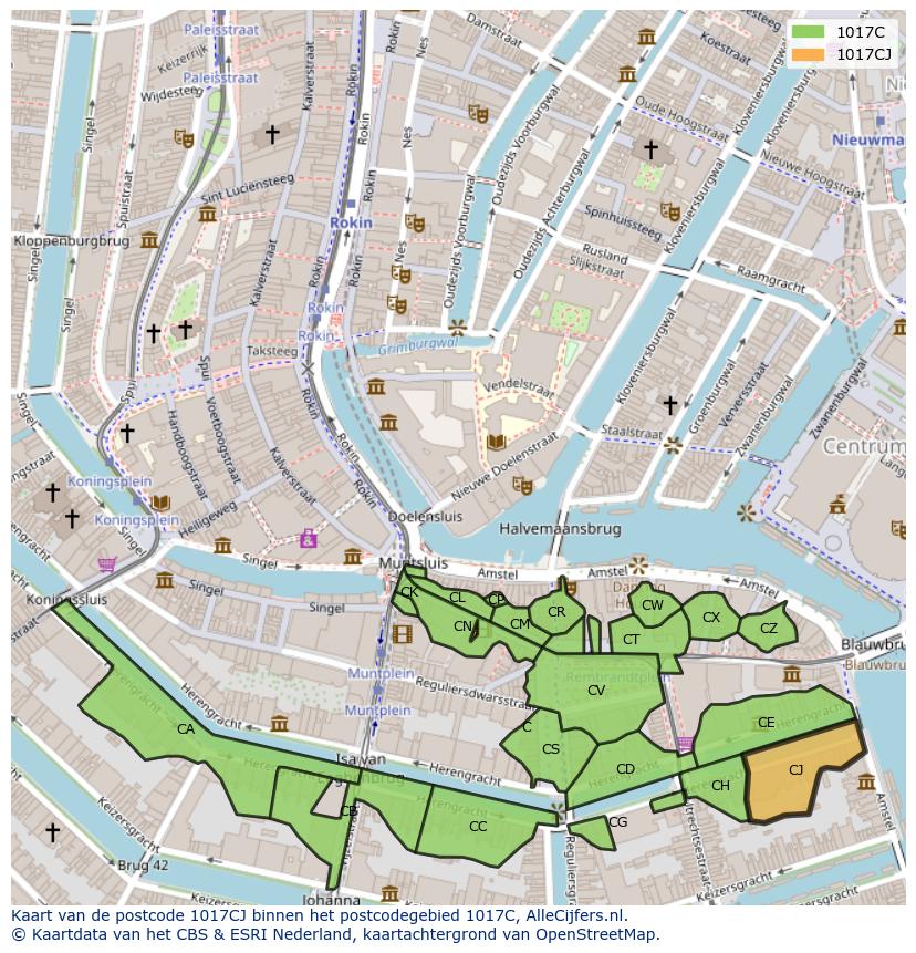 Afbeelding van het postcodegebied 1017 CJ op de kaart.