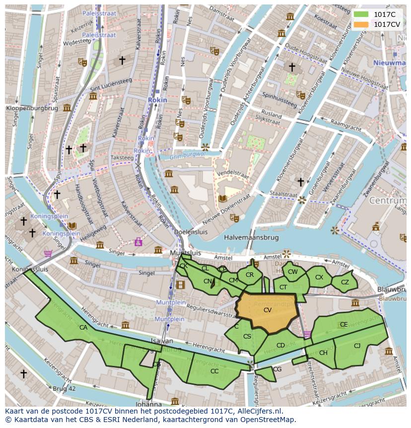 Afbeelding van het postcodegebied 1017 CV op de kaart.