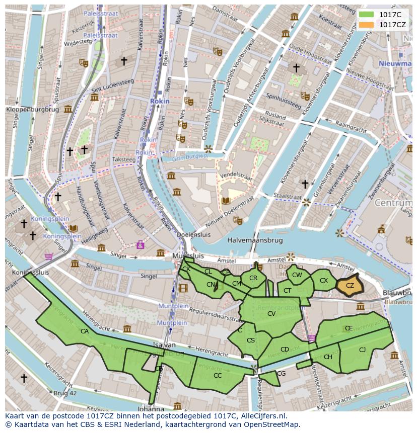 Afbeelding van het postcodegebied 1017 CZ op de kaart.