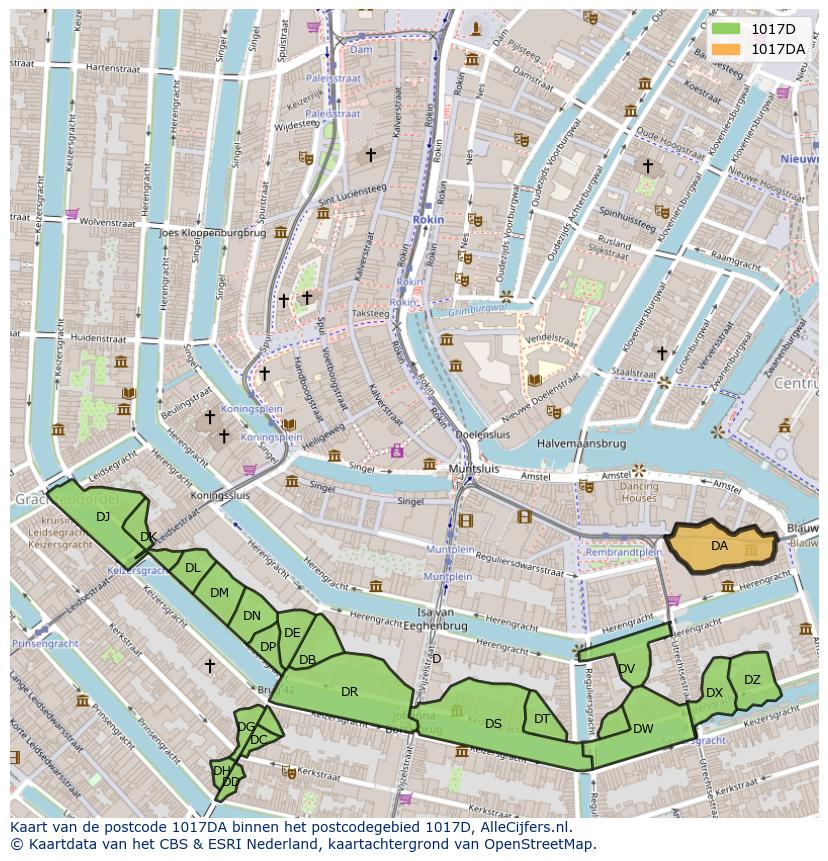 Afbeelding van het postcodegebied 1017 DA op de kaart.