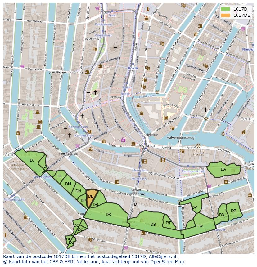 Afbeelding van het postcodegebied 1017 DE op de kaart.