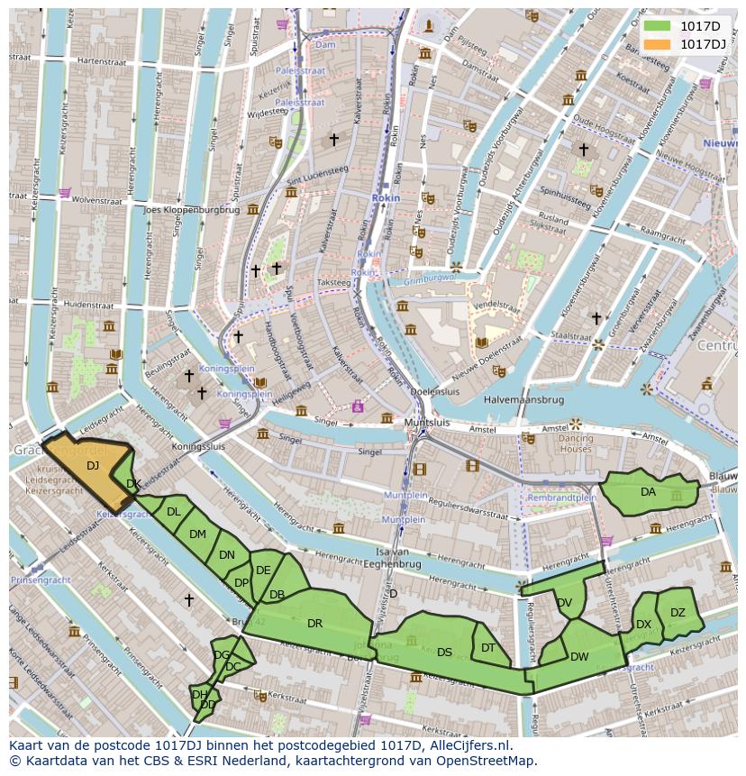 Afbeelding van het postcodegebied 1017 DJ op de kaart.