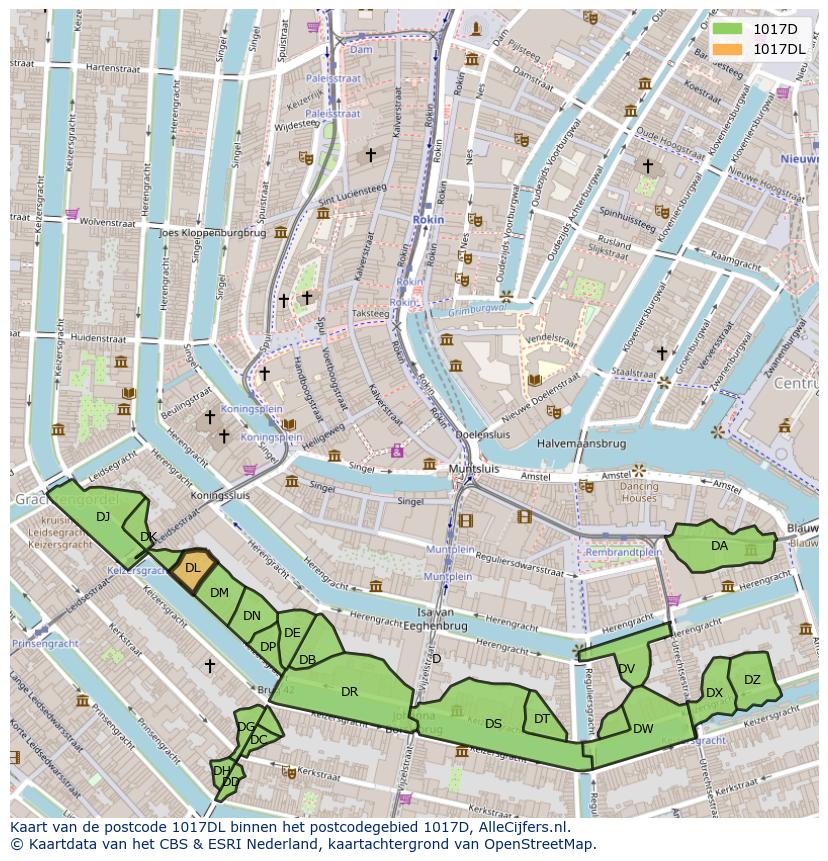 Afbeelding van het postcodegebied 1017 DL op de kaart.