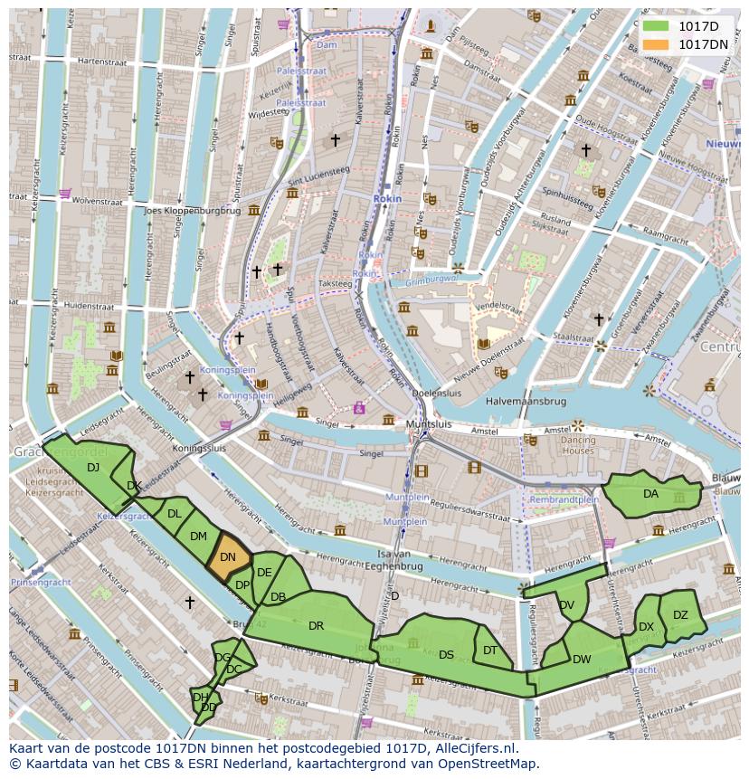 Afbeelding van het postcodegebied 1017 DN op de kaart.
