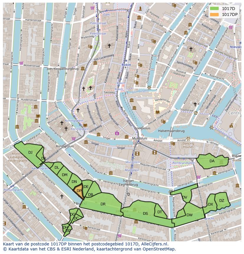 Afbeelding van het postcodegebied 1017 DP op de kaart.