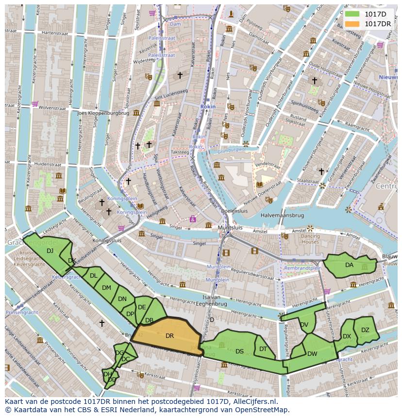 Afbeelding van het postcodegebied 1017 DR op de kaart.