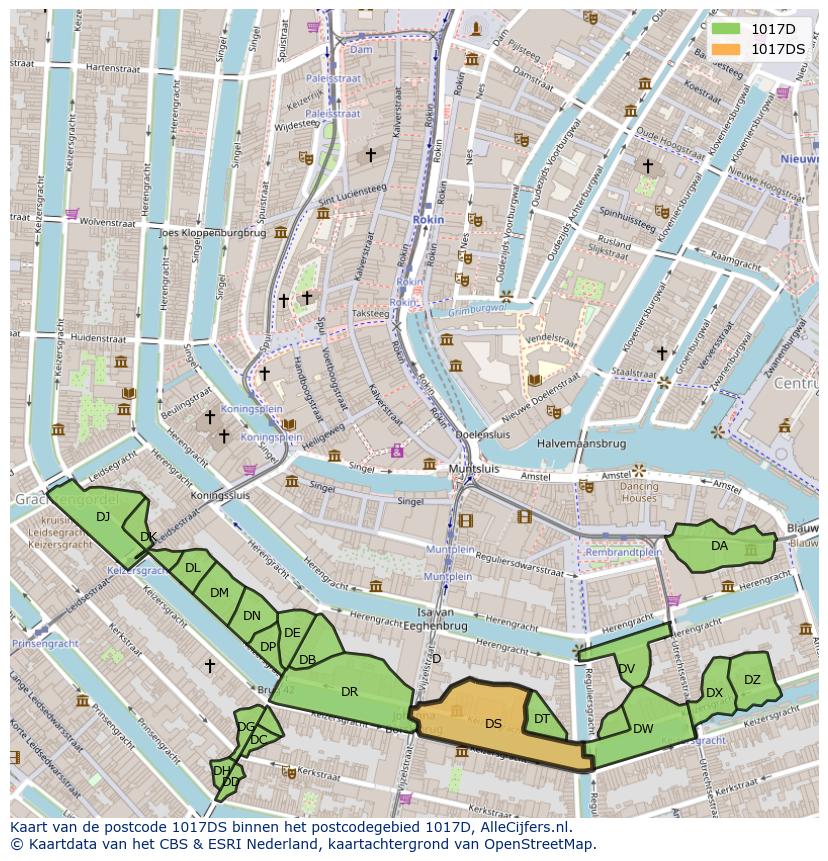 Afbeelding van het postcodegebied 1017 DS op de kaart.