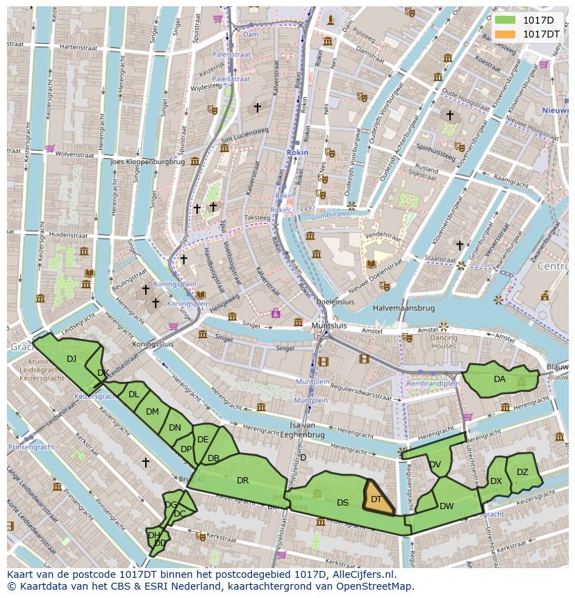 Afbeelding van het postcodegebied 1017 DT op de kaart.