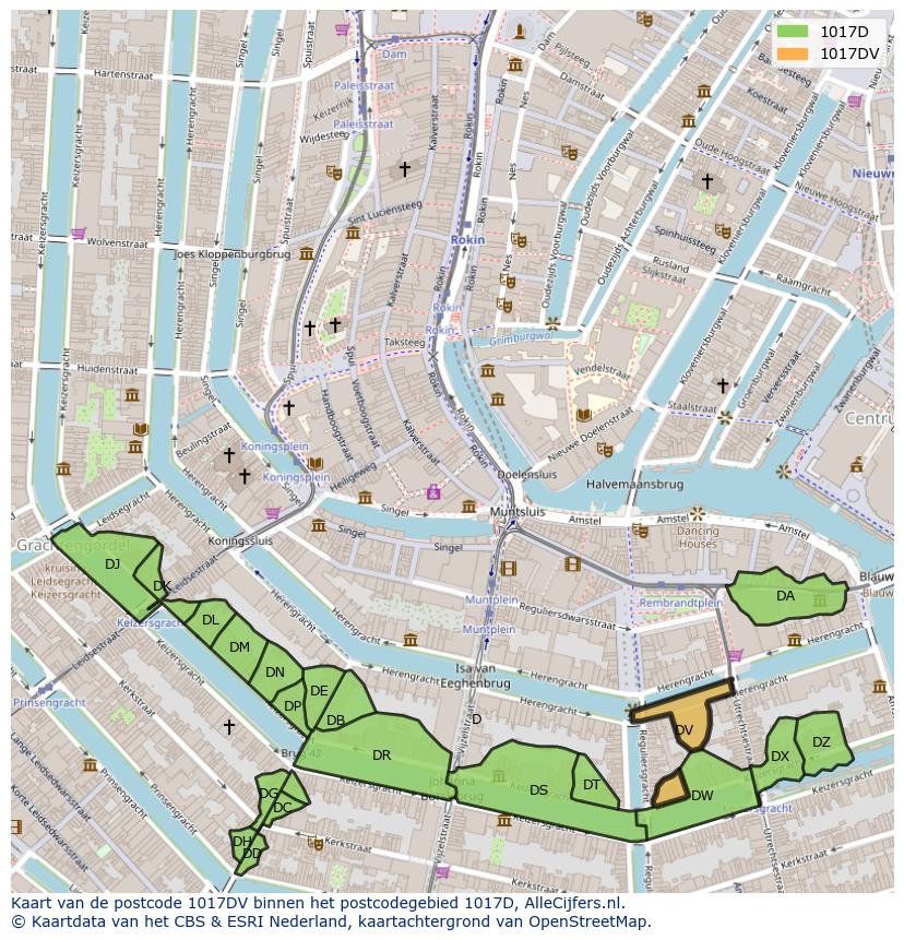 Afbeelding van het postcodegebied 1017 DV op de kaart.