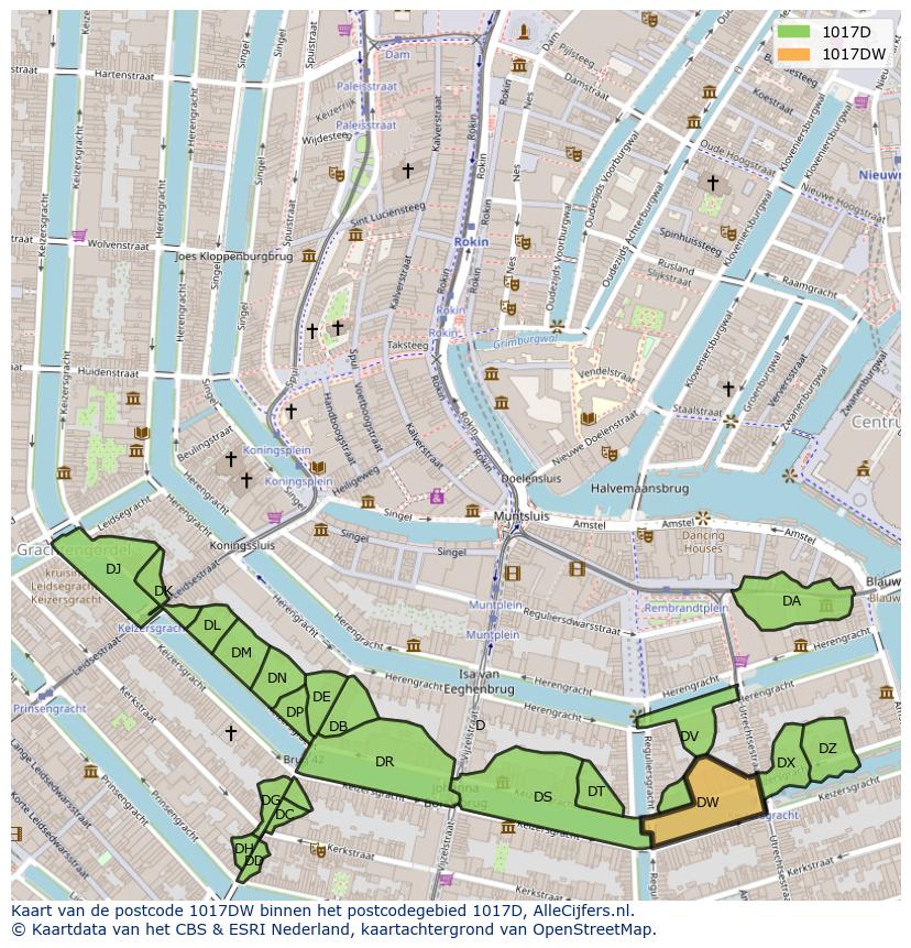 Afbeelding van het postcodegebied 1017 DW op de kaart.