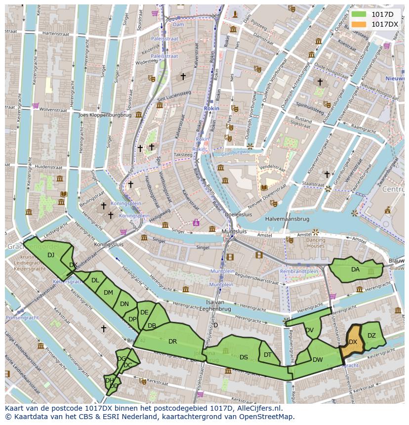 Afbeelding van het postcodegebied 1017 DX op de kaart.