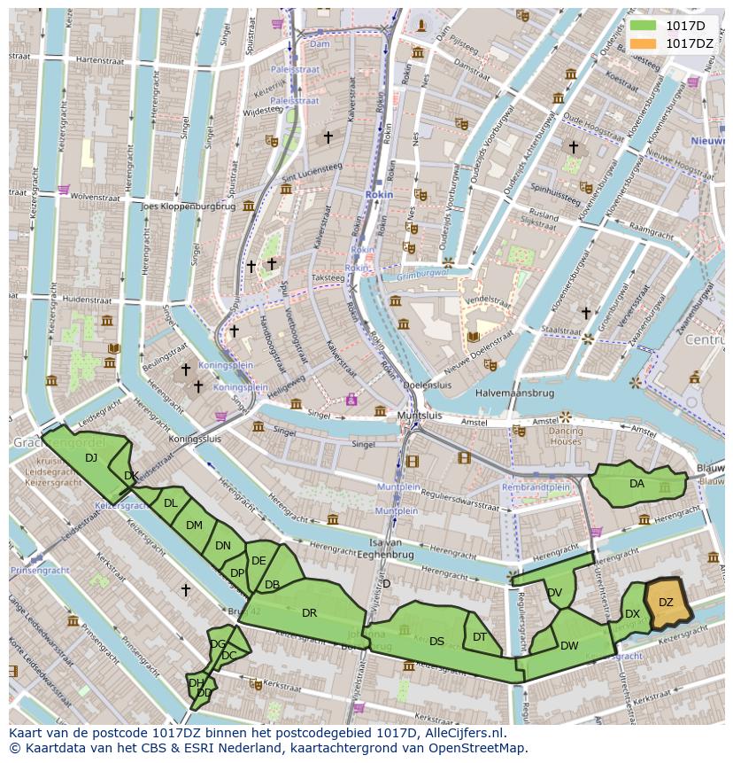 Afbeelding van het postcodegebied 1017 DZ op de kaart.