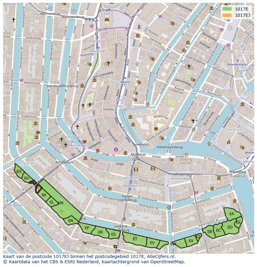 Afbeelding van het postcodegebied 1017 EJ op de kaart.