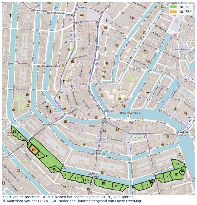 Afbeelding van het postcodegebied 1017 EK op de kaart.