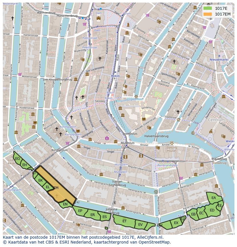 Afbeelding van het postcodegebied 1017 EM op de kaart.