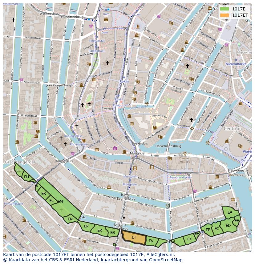 Afbeelding van het postcodegebied 1017 ET op de kaart.
