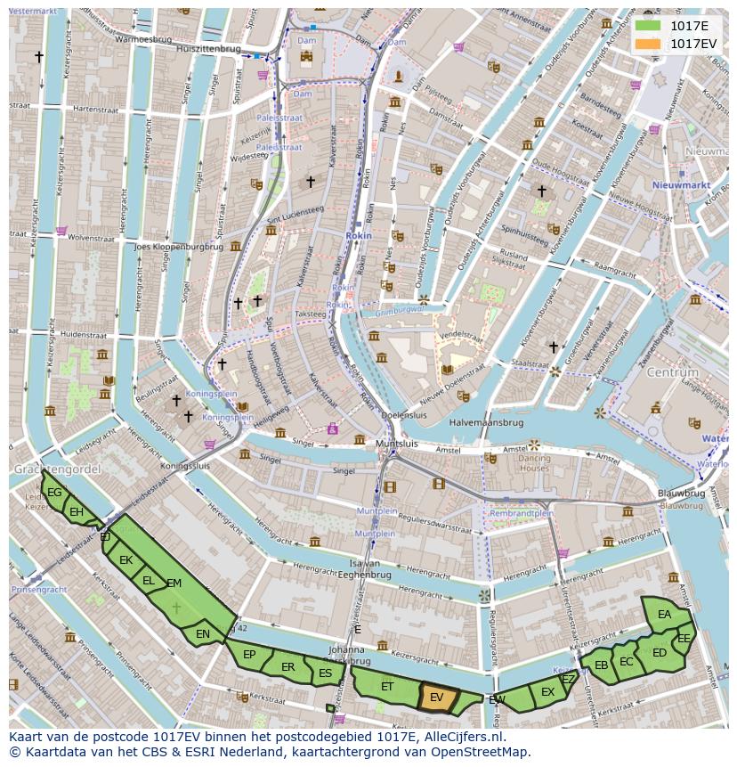 Afbeelding van het postcodegebied 1017 EV op de kaart.
