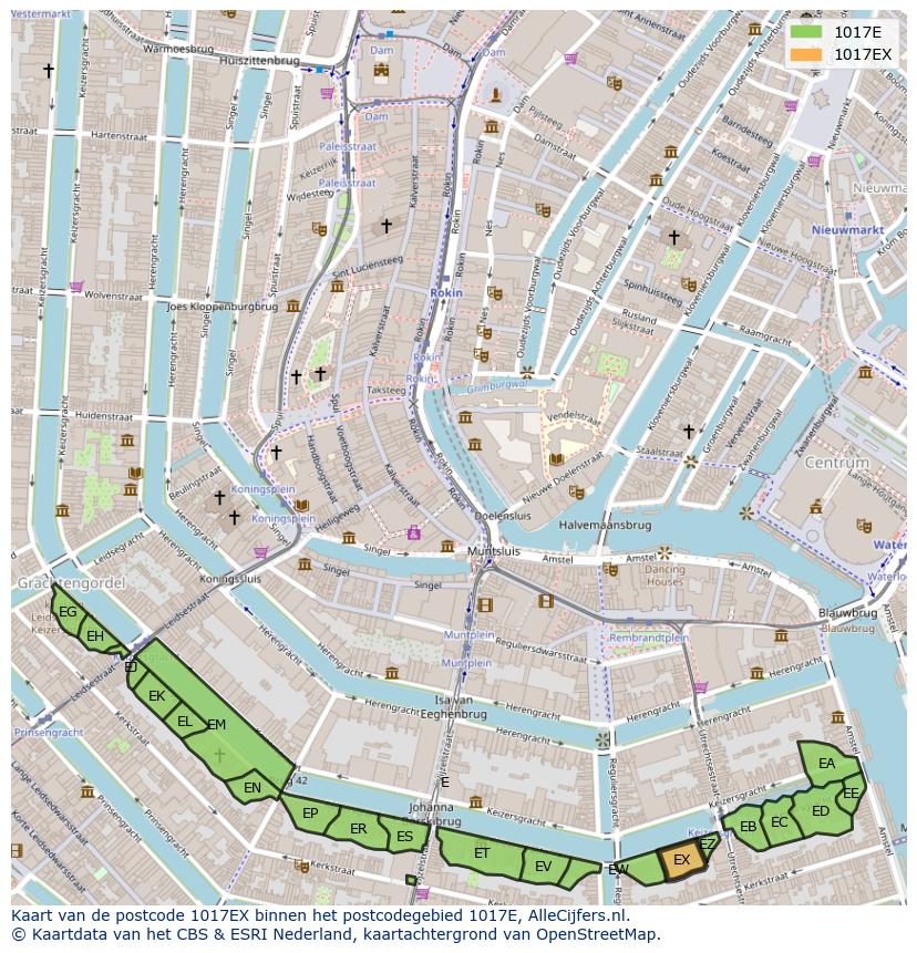 Afbeelding van het postcodegebied 1017 EX op de kaart.