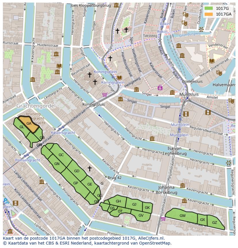 Afbeelding van het postcodegebied 1017 GA op de kaart.