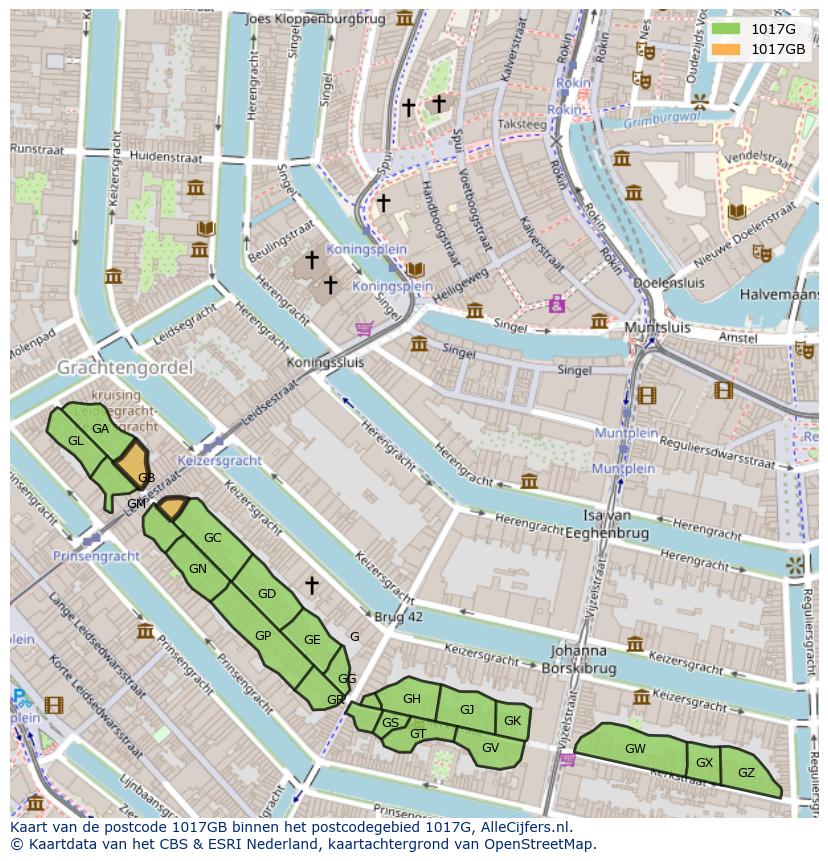 Afbeelding van het postcodegebied 1017 GB op de kaart.