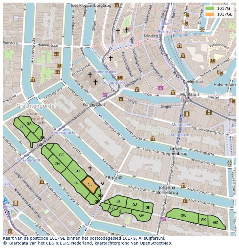Afbeelding van het postcodegebied 1017 GE op de kaart.