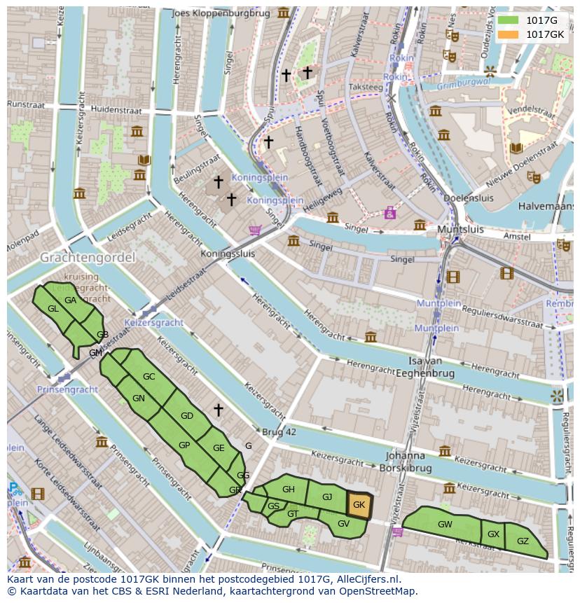 Afbeelding van het postcodegebied 1017 GK op de kaart.