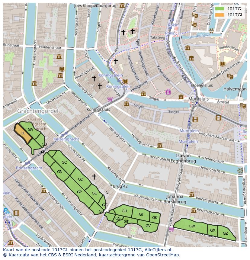 Afbeelding van het postcodegebied 1017 GL op de kaart.