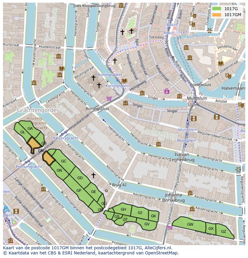 Afbeelding van het postcodegebied 1017 GM op de kaart.