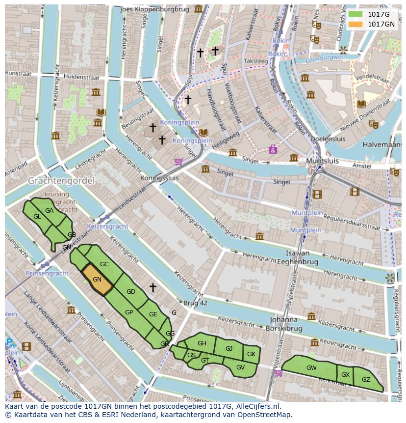 Afbeelding van het postcodegebied 1017 GN op de kaart.